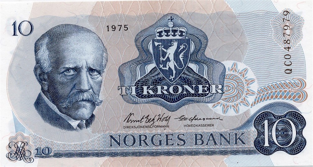 10 kroner 1975 QC erstatningsseddel. Kv.0