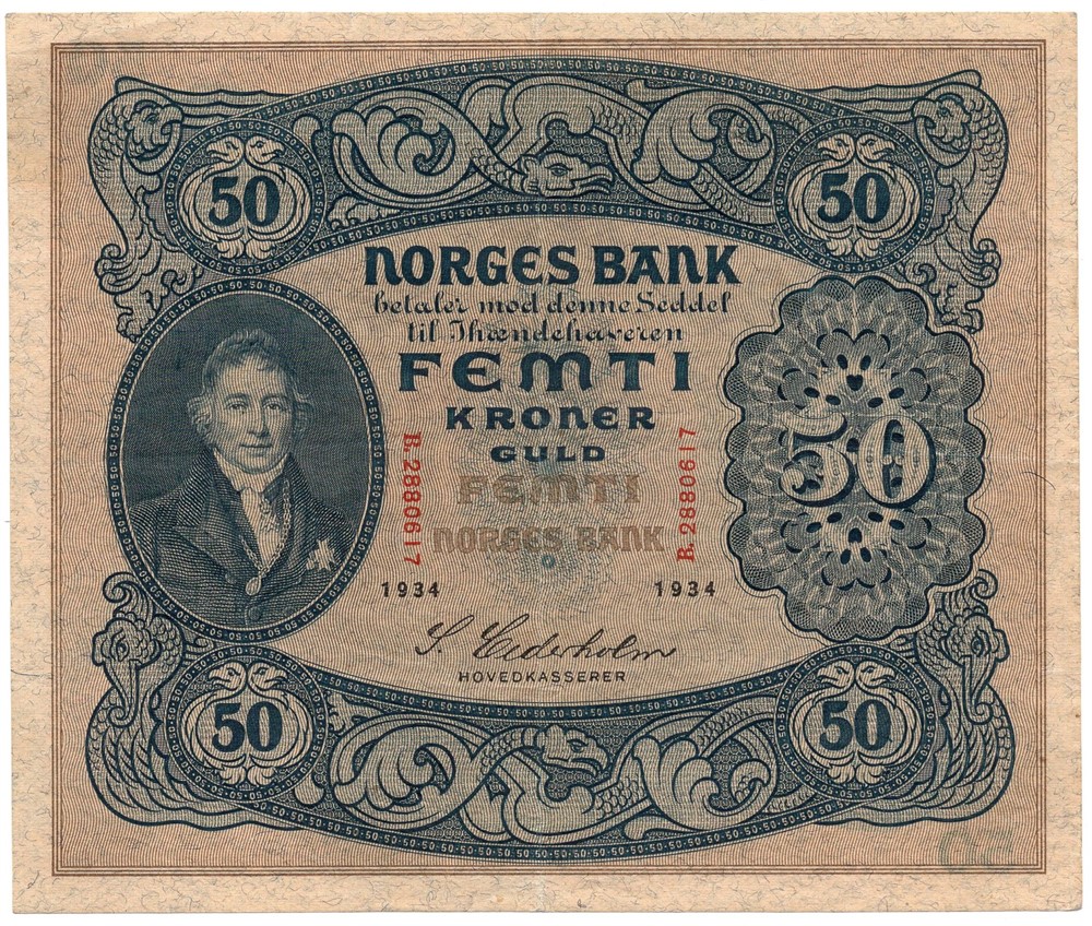 50 kroner 1934 B.2880617. Kv.1+
