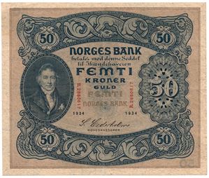50 kroner 1934 B.2880617. Kv.1+