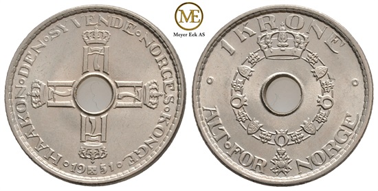 1 krone 1951 Haakon VII. Kv.0
