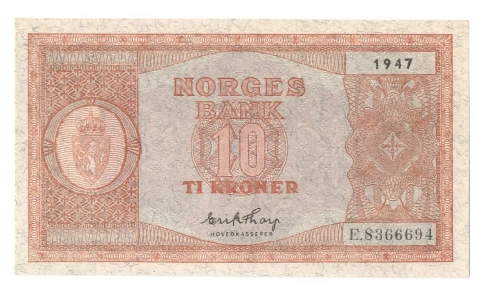 Norge 10 kroner 1947 E kv. 0