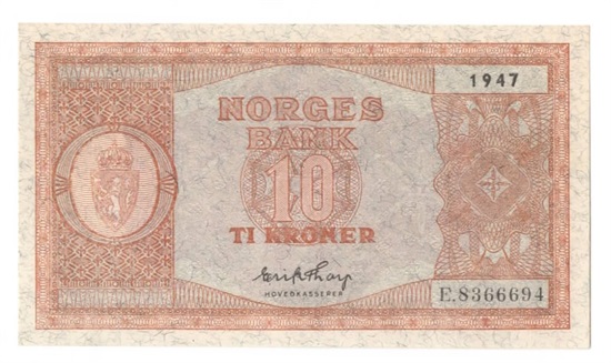 Norge 10 kroner 1947 E kv. 0