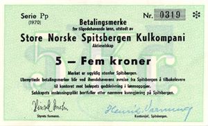 Spitsbergen Kullkompani 5 krone betalingsmerke 1970 Pp