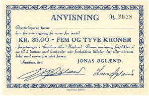 25 kroner Jonas Øglænd, Sandnes. RRR-seddel. Kv.0