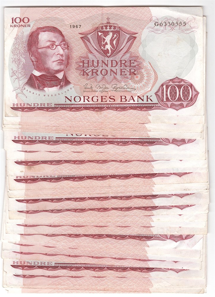 Stor Lot. 100 kroner 1967 G. 52 stk. VK