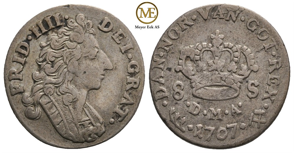 8 skilling 1707 Frederik IV. NMD.30. Kv.1/1+