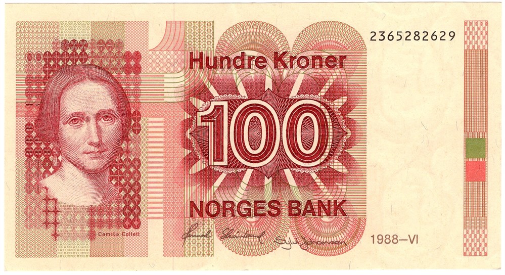 100 kroner 1988 med feiltrykk med vannmerke opp ned. Kv.1+/01