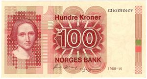 100 kroner 1988 med feiltrykk med vannmerke opp ned. Kv.1+/01