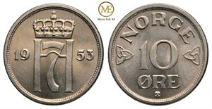 10 øre 1953 Haakon VII. Kv.0