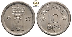 10 øre 1957 Haakon VII. Kv.0