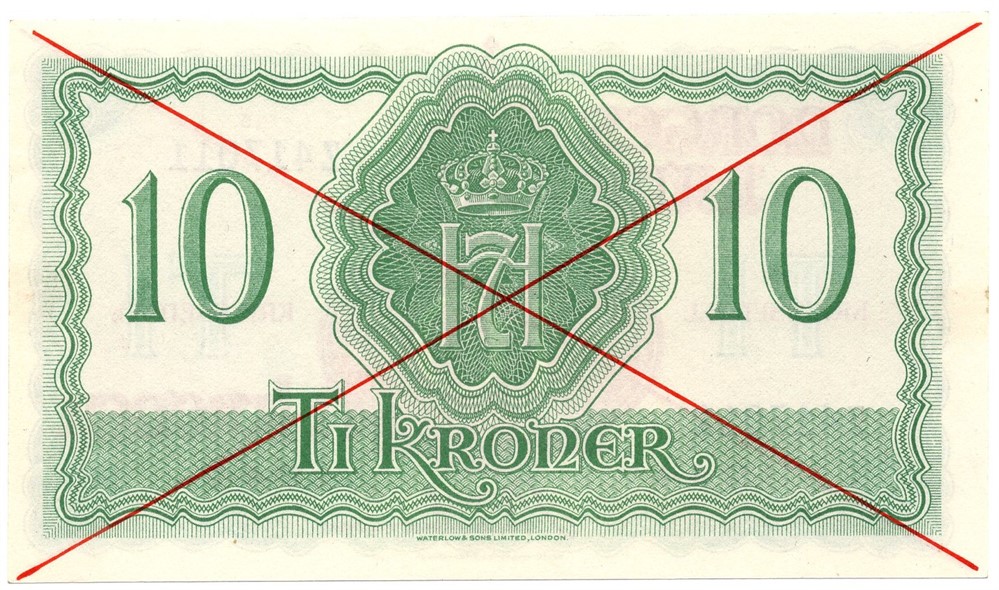 10 kroner 1944 London utgaven med kryss. Kv.0