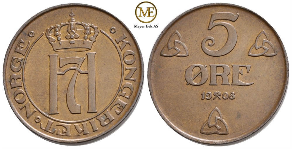 5 øre 1908 Haakon VII. Kv.0