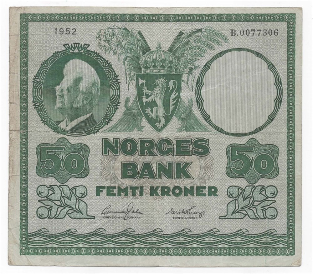 Norge 50 kroner 1952 B kv. 1-/2