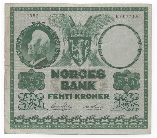 Norge 50 kroner 1952 B kv. 1-/2