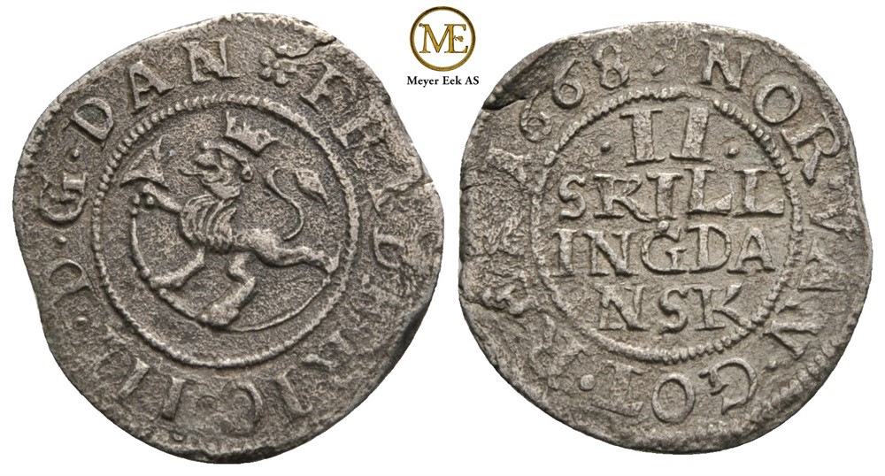 2 skilling 1668 Frederik III. NMD.228. Kv.1/1+