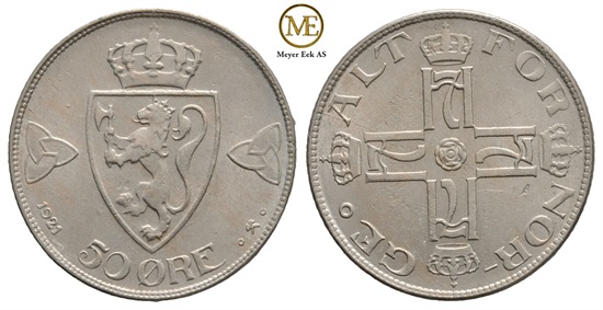 50 øre 1921 u/hull. Haakon VII. Kv.0/01
