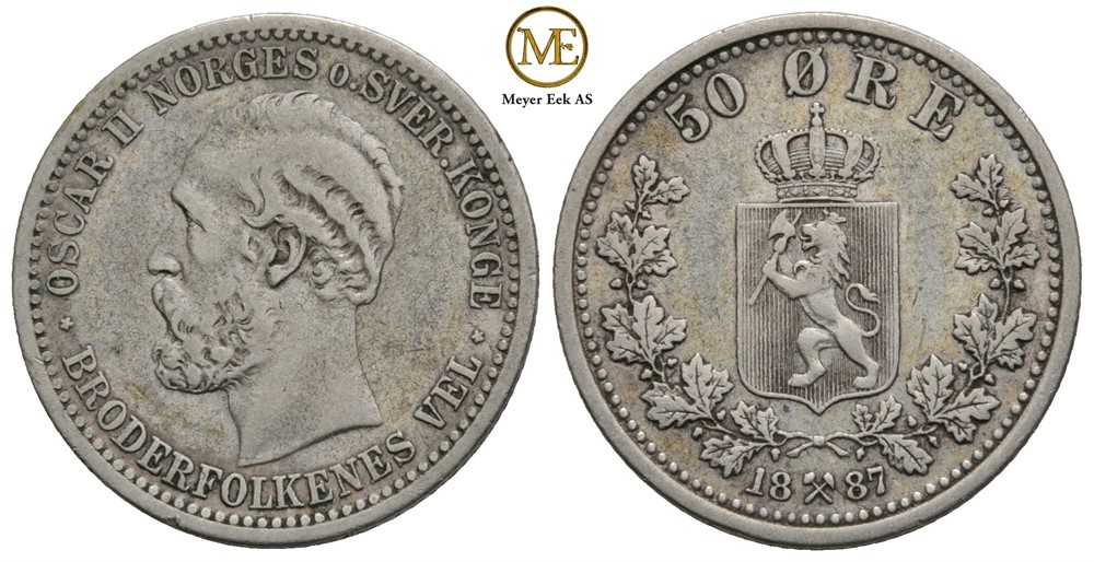 50 øre 1887 Oscar II. Kv.1+