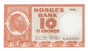 10 kroner 1968 X.2255307 erstatningsseddel. Kv.0