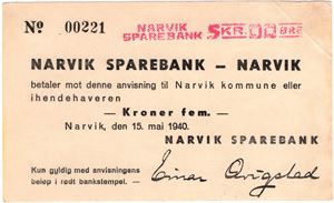 5 kroner Narvik Sparebank 1940. Kv.01