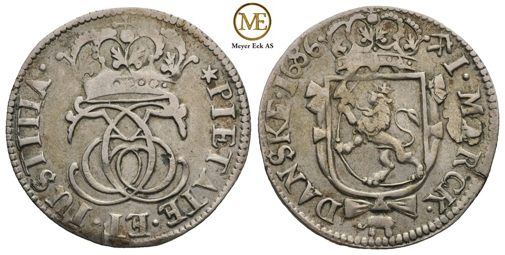 1 mark 1686 Christian V. Kv.1+