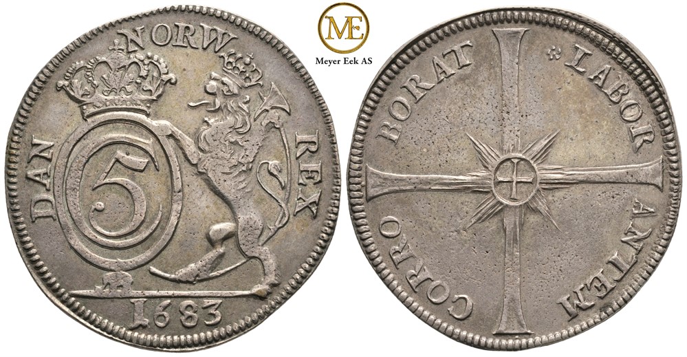 4 mark 1683 Christian V. Dannebrog. Kv.1+/01