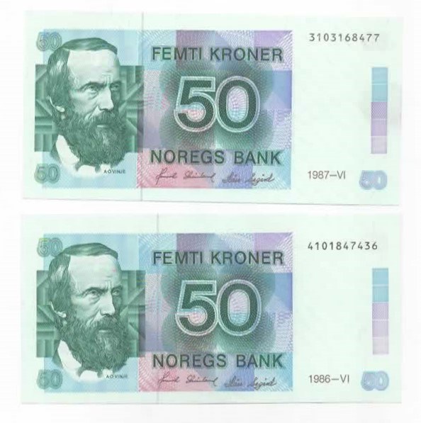 Norge 50 kroner 1986 og 1987 kv. 0/01 og 0