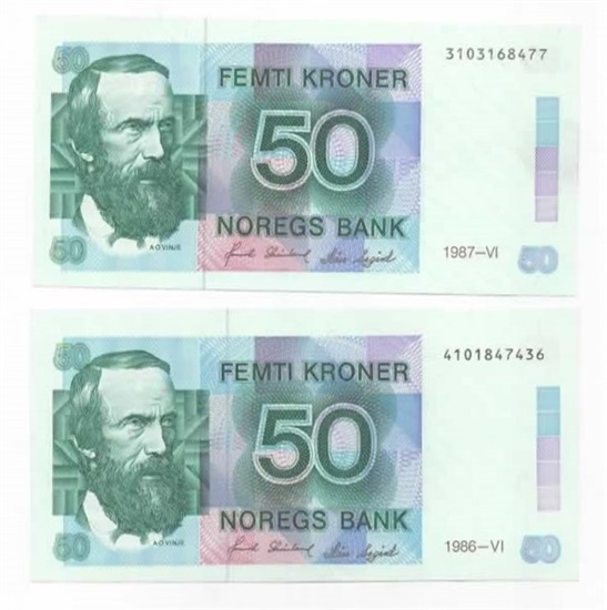 Norge 50 kroner 1986 og 1987 kv. 0/01 og 0