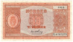 10 kroner 1953 Y.6707275. Kv.0