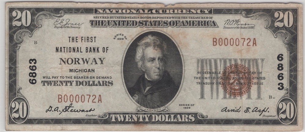 20 dollar The first national bank of Norway. Kv.1