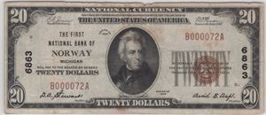 20 dollar The first national bank of Norway. Kv.1