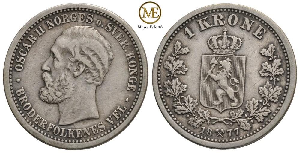 1 krone 1877 Oscar II. Kv.1/1+