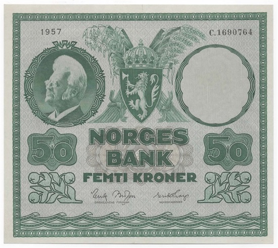 Norge 50 kroner 1957 C kv. 0/01