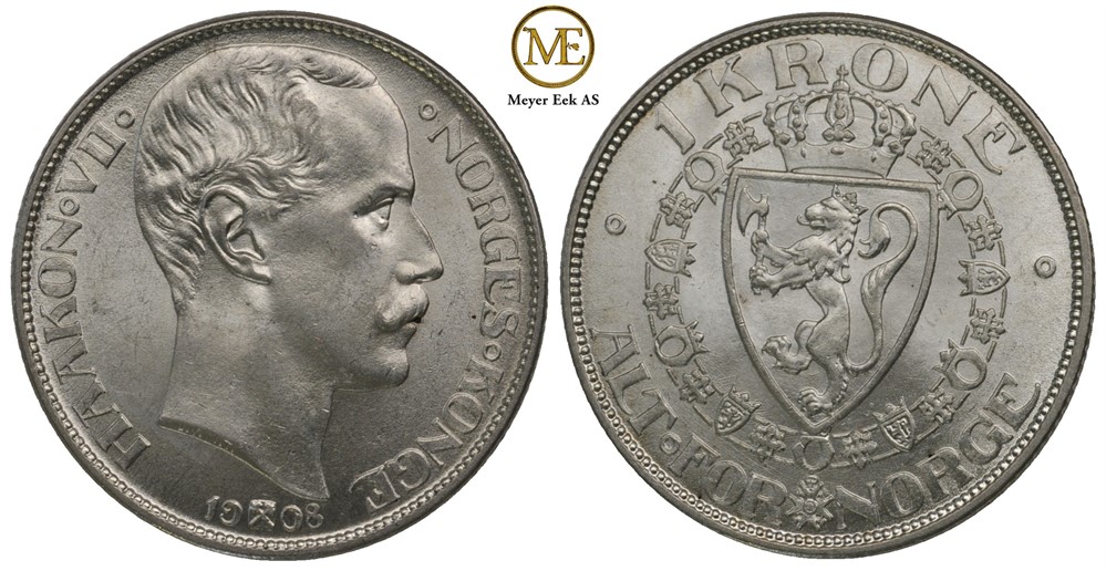 1 krone 1908 p/p Haakon VII. Kv.0