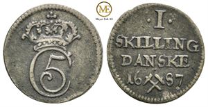 1 skilling 1687 Christian V. Sjelden. Kv.1+