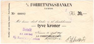 A/S Forretningsbanken Namsos. 20 kroner. Kv.1