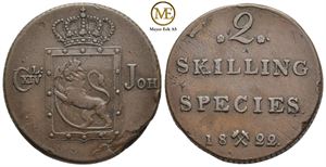 2 skilling 1822 Carl XIV Johan. Kv.1+