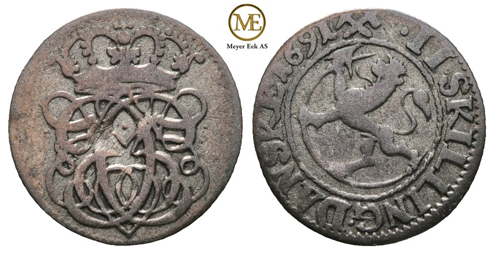 2 skilling 1691 Christian V. Kv.1+