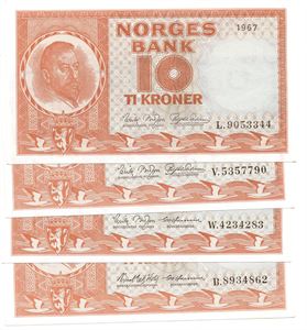 Lot. 10 kroner 1967, 69, 70 og 1971. Usirkulert