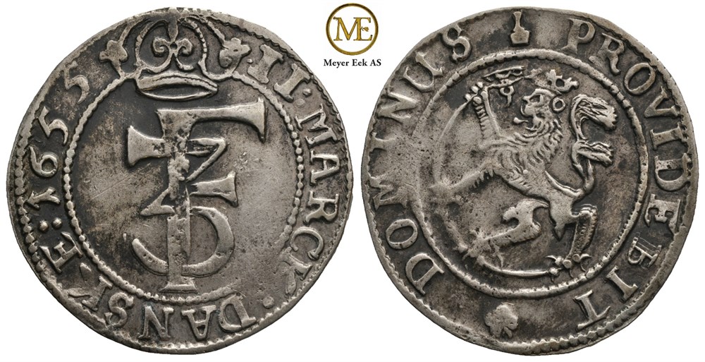 2 mark 1655 Frederik III. Kv.1+