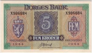 5 kroner 1944 X.986884. London utgaven. Kv.01