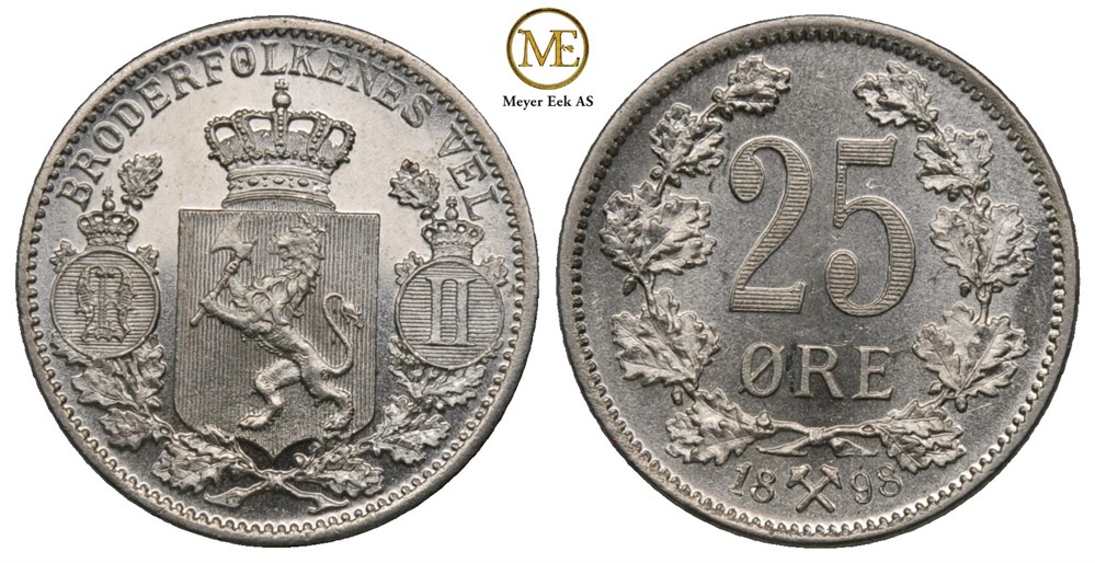 25 øre 1898 Oscar II. Kv. Prakt eksemplar