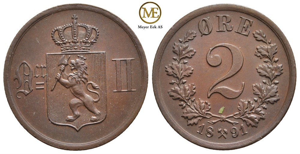 2 øre 1891 Oscar II. Kv.0