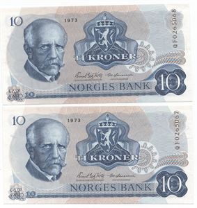 Lot. 10 kroner 1973 QF. Erstatningssedler. Kv.0