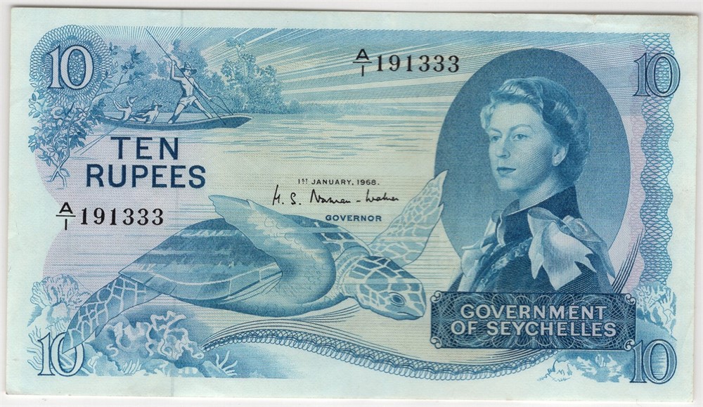10 Rupees 1968 Seychelles. Gjemt skrift. Kv01