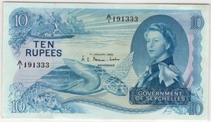 10 Rupees 1968 Seychelles. Gjemt skrift. Kv01