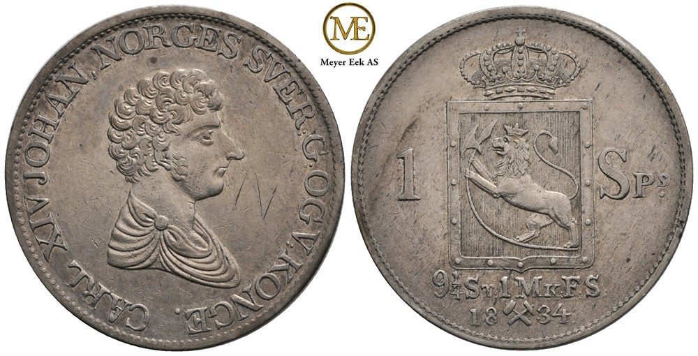Speciedaler 1834 Carl XIV Johan. NM.12. riss. Kv.01