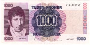 1000 kroner 1990. Feiltrykk. Kv.1+