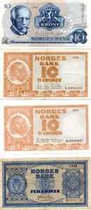 lot:5 kr 1945 B, 10 kr 1965 D, 1971 D og 1983 CÅ