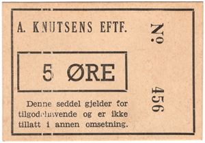 5 øre A. Knutsens Eftf. Kredittmerker Kragerø kv. 0/01