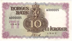 10 kroner 1942 London. A.000005.  Svært sjelden. Kv.0/01